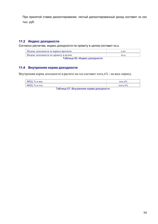 94
При принятой ставке дисконтирования, чистый дисконтированный доход составит хх ххх
тыс. руб.
11.3 Индекс доходности
Согласно расчетам, индекс доходности по проекту в целом составит хх,х.
Индекс доходности за период прогноза х,хх
Индекс доходности по проекту в целом хх,х
Таблица 56. Индекс доходности
11.4 Внутренняя норма доходности
Внутренняя норма доходности в расчете на год составит хххх,х% - на весь период.
ВНД, % в мес. ххх,х%
ВНД, % в год. хххх,х%
Таблица 57. Внутренняя норма доходности
 