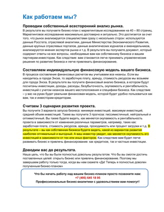 Как работаем мы?
Проводим собственный всесторонний анализ рынка.
В результате вы получаете бизнес-план с маркетинговым исследованием на 40 – 80 страниц.
Маркетинговое исследование максимально достоверно и актуально. Это достигается за счет
того, что рынок анализируется специалистами сразу с нескольких сторон: используются
данные Росстата, отраслевой аналитики, данные Министерства Экономического Развития,
данные крупных отраслевых порталов, данные аналитических журналов и еженедельников,
анализируются мнения экспертов рынка и т.д. В результате вы получаете документ, который
содержит ответы на все вопросы, необходимые вам как собственнику бизнеса и вашим
партнерам-инвесторам. Как следствие: вам становится легче принимать управленческие
решения по развитию бизнеса и легче привлекать финансирование.
Составляем индивидуальную финансовую модель вашего бизнеса.
В процессе составления финансовых расчетов мы учитываем все нюансы. Если вы
находитесь в городе Энске, то заработную плату, аренду, стоимость ресурсов мы возьмем
для города Энска. В результате вы получите финансовый анализ бизнеса, в котором будут
посчитаны инвестиции, доходы, расходы, безубыточность, окупаемость и рентабельность
инвестиций с учетом нюансов вашего местоположения и специфики бизнеса. Как следствие
– у вас на руках будет реальная финансовая модель, которой будет удобно пользоваться как
вам, так и инвесторам-кредиторам.
Считаем 3 сценария развития проекта.
Вы получите 3 варианта запуска бизнеса: минимум инвестиций, максимум инвестиций,
средний объем инвестиций. Также вы получите 3 прогноза: пессимистичный, нейтральный и
оптимистичный. Вы также будете видеть, как меняется окупаемость и рентабельность
проекта в зависимости от изменения различных параметров, например, таких как:
заработная плата, стоимость ресурсов, аренда, проходимость или процент загрузки и т.д. В
результате – вы как собственник бизнеса будете видеть, какой из вариантов развития
наиболее оптимальный и выгодный. А ваш инвестор увидит, как меняется окупаемость его
инвестиций в зависимости от тех или иных факторов. Как следствие вам будет легче
развивать бизнес и привлечь финансирование: как кредитное, так и частные инвестиции.
Доводим вас до результата.
Наша цель, что бы вы были полностью довольны результатом. Что бы вы смогли достичь
поставленных целей: открыть бизнес или привлечь финансирование. Поэтому мы
завершаем работу только тогда, когда вы нам скажете «Да! Теперь я полностью доволен
полученным бизнес-планом»
Что бы начать работу над вашим бизнес-планом просто позвоните нам:
+7 (495) 645 18 95
Профессиональные бизнес-аналитики с удовольствием вам помогут!
 