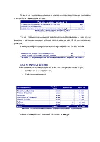Затраты на топливо рассчитываются исходя из нормы расходования топлива на
х автомобиль – хххх рублей в сутки.
Расчет стоимости топлива, руб.
Стоимость топлива на х автомобиль в сутки, руб. хххх
Количество автомобилей хх
Итого стоимость топлива при максимальной загрузке, руб. х ххх ххх
Таблица хх. «Стоимость топлива, руб.»
Так же к переменным расходам относятся коммерческие расходы и такая статья
расходов – как прочие расходы, которые рассчитываются как х% от всех остальных
расходов.
Коммерческие расходы рассчитываются в размере х% от объема продаж.
Коммерческие расходы, % от объема продаж х%
Прочие расходы, % от всех остальных расходов х%
Таблица хх. «Параметры для расчета коммерческих и прочих расходов»
х.х.х. Постоянные расходы
К постоянным расходам предприятия относятся следующие статьи затрат:
 Заработная плата постоянная,
 Коммунальные платежи.
Штатная единица
Заработная
плата
Количество Итого з/п
Генеральный директор ххххх х хх хххр.
Главный бухгалтер ххххх х хх хххр.
бухгалтер ххххх х хх хххр.
Специалист по снабжению ххххх х хх хххр.
Главный инженер ххххх х хх хххр.
Рабочие ххххх хх х ххх хххр.
Водитель ххххх ххх х ххх хххр.
Итого: хх хххр. ххх х ххх хххр.
Таблица хх. «Штатное расписание административных работников».
Стоимость коммунальных платежей составляет хх ххх руб.
 