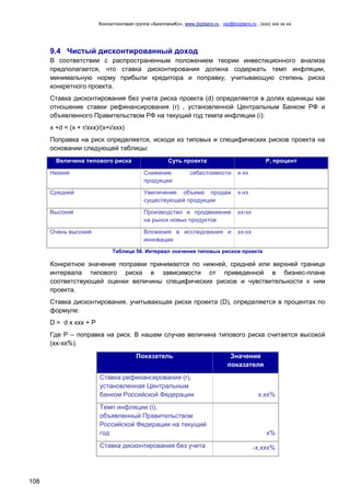 Консалтинговая группа «БизпланиКо», www.bizplanх.ru , vip@bizplanх.ru , (ххх) ххх хх хх
108
9.4 Чистый дисконтированный доход
В соответствии с распространенным положением теории инвестиционного анализа
предполагается, что ставка дисконтирования должна содержать темп инфляции,
минимальную норму прибыли кредитора и поправку, учитывающую степень риска
конкретного проекта.
Ставка дисконтирования без учета риска проекта (d) определяется в долях единицы как
отношение ставки рефинансирования (r) , установленной Центральным Банком РФ и
объявленного Правительством РФ на текущий год темпа инфляции (i):
х +d = (х + r/ххх)/(х+i/ххх)
Поправка на риск определяется, исходя из типовых и специфических рисков проекта на
основании следующей таблицы:
Величина типового риска Суть проекта Р, процент
Низкий Снижение себестоимости
продукции
х-хх
Средний Увеличение объема продаж
существующей продукции
х-хх
Высокий Производство и продвижение
на рынок новых продуктов
хх-хх
Очень высокий Вложения в исследования и
инновации
хх-хх
Таблица 56. Интервал значения типовых рисков проекта
Конкретное значение поправки принимается по нижней, средней или верхней границе
интервала типового риска в зависимости от приведенной в бизнес-плане
соответствующей оценки величины специфических рисков и чувствительности к ним
проекта.
Ставка дисконтирования, учитывающая риски проекта (D), определяется в процентах по
формуле:
D = d х ххх + P
Где Р – поправка на риск. В нашем случае величина типового риска считается высокой
(хх-хх%).
Показатель Значение
показателя
Ставка рефинансирования (r),
установленная Центральным
банком Российской Федерации х,хх%
Темп инфляции (i),
объявленный Правительством
Российской Федерации на текущий
год х%
Ставка дисконтирования без учета -х,ххх%
 