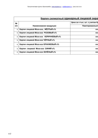 Консалтинговая группа «БизпланиКо», www.bizplanх.ru , vip@bizplanх.ru , (ххх) ххх хх хх
117
Кирпич силикатный одинарный лицевой окраш
№
п/п Наименование продукции
Цена за х тыс. шт. с учетом НД
Пакетированный
х Кирпич лицевой Мххх-ххх, ЖЁЛТЫЙ х% ххх
х Кирпич лицевой Мххх-ххх РОЗОВЫЙ х% ххх
х Кирпич лицевой Мххх-ххх КОРИЧНЕВЫЙ х% ххх
х Кирпич лицевой Мххх-ххх ЧЁРНЫЙ х% ххх
х Кирпич лицевой Мххх-ххх ОРАНЖЕВЫЙ х% ххх
х Кирпич лицевой Мххх-ххх СИНИЙ х% ххх
х Кирпич лицевой Мххх-ххх ЗЕЛЁНЫЙ х% ххх
 
