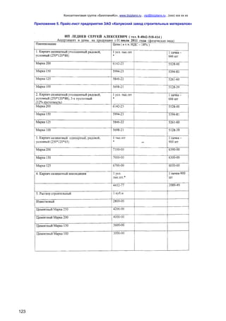 Консалтинговая группа «БизпланиКо», www.bizplanх.ru , vip@bizplanх.ru , (ххх) ххх хх хх
123
хПриложение 5. Прайс-лист предприятия ЗАО «Калужский завод строительных материалов»
 