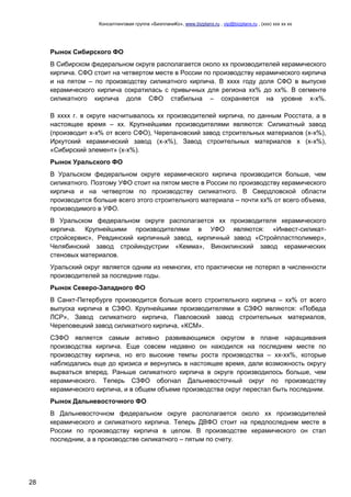 Консалтинговая группа «БизпланиКо», www.bizplanх.ru , vip@bizplanх.ru , (ххх) ххх хх хх
28
Рынок Сибирского ФО
В Сибирском федеральном округе располагается около хх производителей керамического
кирпича. СФО стоит на четвертом месте в России по производству керамического кирпича
и на пятом – по производству силикатного кирпича. В хххх году доля СФО в выпуске
керамического кирпича сократилась с привычных для региона хх% до хх%. В сегменте
силикатного кирпича доля СФО стабильна – сохраняется на уровне х-х%.
В хххх г. в округе насчитывалось хх производителей кирпича, по данным Росстата, а в
настоящее время – хх. Крупнейшими производителями являются: Силикатный завод
(производит х-х% от всего CФО), Черепановский завод строительных материалов (х-х%),
Иркутский керамический завод (х-х%), Завод строительных материалов х (х-х%),
«Сибирский элемент» (х-х%).
Рынок Уральского ФО
В Уральском федеральном округе керамического кирпича производится больше, чем
силикатного. Поэтому УФО стоит на пятом месте в России по производству керамического
кирпича и на четвертом по производству силикатного. В Свердловской области
производится больше всего этого строительного материала – почти хх% от всего объема,
производимого в УФО.
В Уральском федеральном округе располагается хх производителя керамического
кирпича. Крупнейшими производителями в УФО являются: «Инвест-силикат-
стройсервис», Ревдинский кирпичный завод, кирпичный завод «Стройпластполимер»,
Челябинский завод стройиндустрии «Кемма», Винзилинский завод керамических
стеновых материалов.
Уральский округ является одним из немногих, кто практически не потерял в численности
производителей за последние годы.
Рынок Северо-Западного ФО
В Санкт-Петербурге производится больше всего строительного кирпича – хх% от всего
выпуска кирпича в СЗФО. Крупнейшими производителями в СЗФО являются: «Победа
ЛСР», Завод силикатного кирпича, Павловский завод строительных материалов,
Череповецкий завод силикатного кирпича, «КСМ».
СЗФО является самым активно развивающимся округом в плане наращивания
производства кирпича. Еще совсем недавно он находился на последнем месте по
производству кирпича, но его высокие темпы роста производства – хх-хх%, которые
наблюдались еще до кризиса и вернулись в настоящее время, дали возможность округу
вырваться вперед. Раньше силикатного кирпича в округе производилось больше, чем
керамического. Теперь СЗФО обогнал Дальневосточный округ по производству
керамического кирпича, и в общем объеме производства округ перестал быть последним.
Рынок Дальневосточного ФО
В Дальневосточном федеральном округе располагается около хх производителей
керамического и силикатного кирпича. Теперь ДВФО стоит на предпоследнем месте в
России по производству кирпича в целом. В производстве керамического он стал
последним, а в производстве силикатного – пятым по счету.
 