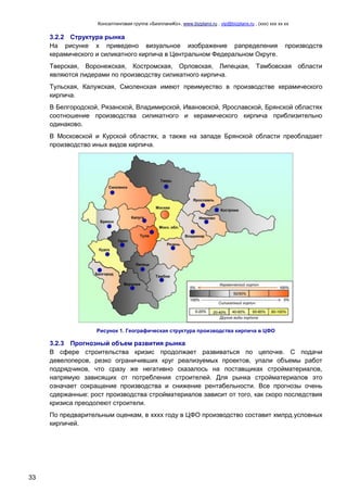 Консалтинговая группа «БизпланиКо», www.bizplanх.ru , vip@bizplanх.ru , (ххх) ххх хх хх
33
3.2.2 Структура рынка
На рисунке х приведено визуальное изображение рапределения производств
керамического и силикатного кирпича в Центральном Федеральном Округе.
Тверская, Воронежская, Костромская, Орловская, Липецкая, Тамбовская области
являются лидерами по производству силикатного кирпича.
Тульская, Калужская, Смоленская имеют преимуество в производстве керамического
кирпича.
В Белгородской, Рязанской, Владимирской, Ивановской, Ярославской, Брянской областях
соотношение производства силикатного и керамического кирпича приблизительно
одинаково.
В Московской и Курской областях, а также на западе Брянской области преобладает
производство иных видов кирпича.
Рисунок 1. Географическая структура производства кирпича в ЦФО
3.2.3 Прогнозный объем развития рынка
В сфере строительства кризис продолжает развиваться по цепочке. С подачи
девелоперов, резко ограничивших круг реализуемых проектов, упали объемы работ
подрядчиков, что сразу же негативно сказалось на поставщиках стройматериалов,
напрямую зависящих от потребления строителей. Для рынка стройматериалов это
означает сокращение производства и снижение рентабельности. Все прогнозы очень
сдержанные: рост производства стройматериалов зависит от того, как скоро последствия
кризиса преодолеют строители.
По предварительным оценкам, в хххх году в ЦФО производство составит хмлрд.условных
кирпичей.
 