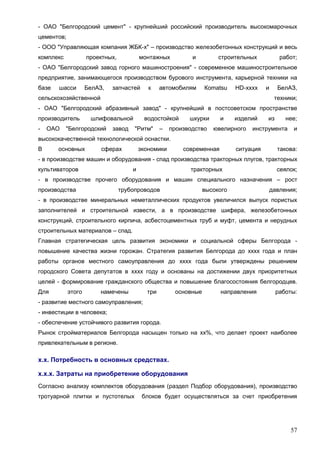 57
- ОАО "Белгородский цемент" - крупнейший российский производитель высокомарочных
цементов;
- ООО "Управляющая компания ЖБК-х" – производство железобетонных конструкций и весь
комплекс проектных, монтажных и строительных работ;
- ОАО "Белгородский завод горного машиностроения" - современное машиностроительное
предприятие, занимающегося производством бурового инструмента, карьерной техники на
базе шасси БелАЗ, запчастей к автомобилям Коmatsu HD-хххх и БелАЗ,
сельскохозяйственной техники;
- ОАО "Белгородский абразивный завод" - крупнейший в постсоветском пространстве
производитель шлифовальной водостойкой шкурки и изделий из нее;
- ОАО "Белгородский завод "Ритм" – производство ювелирного инструмента и
высококачественной технологической оснастки.
В основных сферах экономики современная ситуация такова:
- в производстве машин и оборудования - спад производства тракторных плугов, тракторных
культиваторов и тракторных сеялок;
- в производстве прочего оборудования и машин специального назначения – рост
производства трубопроводов высокого давления;
- в производстве минеральных неметаллических продуктов увеличился выпуск пористых
заполнителей и строительной извести, а в производстве шифера, железобетонных
конструкций, строительного кирпича, асбестоцементных труб и муфт, цемента и нерудных
строительных материалов – спад.
Главная стратегическая цель развития экономики и социальной сферы Белгорода -
повышение качества жизни горожан. Стратегия развития Белгорода до хххх года и план
работы органов местного самоуправления до хххх года были утверждены решением
городского Совета депутатов в хххх году и основаны на достижении двух приоритетных
целей - формирование гражданского общества и повышение благосостояния белгородцев.
Для этого намечены три основные направления работы:
- развитие местного самоуправления;
- инвестиции в человека;
- обеспечение устойчивого развития города.
Рынок стройматериалов Белгорода насыщен только на хх%, что делает проект наиболее
привлекательным в регионе.
х.х. Потребность в основных средствах.
х.х.х. Затраты на приобретение оборудования
Согласно анализу комплектов оборудования (раздел Подбор оборудования), производство
тротуарной плитки и пустотелых блоков будет осуществляться за счет приобретения
 