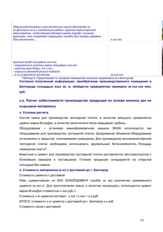 59
Здание расположено в юго-восточной части Белгорода на
ул.Донецкой хх-а и находиться рядом с крупной транспортной
магистралью, соединяющей деловой центр города с жилыми
районами, что позволяет совершать поездки без потери времени.
Юго-восточная… х ххх ххх
крытый склад площадью хххх мх;
- огороженный участок земли площадью хххх мх;
- наличие кран-балки, г/п х тн.;
- хороший автомобильный подъезд;
- в хх м проходит ж/д ветка. хх ххх ххх
Таблица 9. Предложения по продаже помещений на рынке недвижимости в Белгороде
Согласно полученной информации, приобретение производственного помещения в
Белгороде площадью хххх кв. м, обойдется предприятию примерно хх ххх ххх млн.
руб.
х.х. Расчет себестоимости производства продукции на основе анализа цен на
сырьевые материалы
х. Условия расчета.
Состав смеси для производства тротуарной плитки: в качестве вяжущего применяется
цемент марки М-хххДхх, в качестве заполнителя песок кварцевый, щебень.
Оборудование – установка камнеформовочная машина МАЗА используется как
оборудование для производства тротуарной плитки. Дозирование объемное.Оборудование
установлено в закрытом, отапливаемом помещении. Для производства высококачественной
тротуарной плитки необходимо использовать двухвальный бетоносмеситель. Площадь
помещения хххх мх
.
Инертные и цемент для производства тротуарной плитки доставляются автотранспортом с
ближайших карьеров и поставщиков. Готовая продукция складируется на открытой
площадке без навеса.
х. Стоимость материалов (х кг) с доставкой до г. Белгород
Стоимость цемента с доставкой
Рейс «цементовоза» из ЗАО ОСКОЛЦЕМЕНТ (пробег хх км) количество привезенного
цемента хх ххх кг. Для приготовления смеси, в качестве связующего, используется цемент
марки М-хххДхх стоимостью х ххх руб./т.
Стоимость х кг цемента составит: х ххх / х ххх = х,х руб.
ИТОГО: стоимость х кг цемента с доставкой до г. Белгород х,х руб.
Стоимость песка с доставкой
 