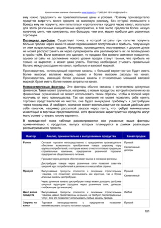 Консалтинговая компания «БизпланиКо» www.bizplan5.ru +7 (495) 645 18 95 info@bizplan5.ru
101
ему нужно предложить им привлекательные цены и условия. Поэтому производителю
придется затратить много средств на массовую рекламу, без которой лояльности к
бренду ему не получить, или попытаться «протолкнуть» продукт через канал, используя
для этого различные инициативные мероприятия, в том числе предлагая более низкую
конечную цену, чем конкуренты, или большую, чем они, маржу прибыли для розничных
торговцев.
Потенциал прибыли. Существует точка, в которой затраты при попытке получить
больше продаж через какой-то канал перевешивают поступления и прибыль, полученную
от этих возрастающих продаж. Например, производитель эксклюзивных и дорогих духов
не может распространять их через супермаркеты или рекламировать их по телевидению
в прайм-тайм. Если компания это сделает, то продажи без всякого сомнения повысятся,
однако затраты на достижение нового уровня продаж станут такими, что прибыль не
только не вырастет, а может даже упасть. Поэтому необходимо отыскать правильный
баланс между расходами на канал, прибылью и валовой маржой.
Производитель, использующий короткие каналы, с большей вероятностью будет иметь
более высокую валовую маржу, однако и более высокие расходы на канал.
Производитель, имеющий более длинные каналы с относительно меньшей валовой
маржой, будет иметь более низкие затраты на канал.
Немаркетинговые факторы. Эти факторы обычно связаны с количеством доступных
финансов. Такое может случиться, например, с новым продуктом, который компания из-за
финансовых ограничений не может использовать таким образом, чтобы в полной мере
получить от него преимущества. Так как компания не может позволить себе нанять
торговых представителей на местах, она будет вынуждена прибегнуть к дистрибуции
через посредника. И наоборот, компания может воспользоваться не самым удобным для
себя каналом, например рассылкой заказов через почту, что требует минимальных
инвестиций в торговых представителей, хотя физические характеристики продукта могут
мало соответствовать такому варианту.
В приведенной ниже таблице рассматриваются все указанные выше факторы
применительно к продуктам, выпуск которых планируется в рамках реализации
рассматриваемого проекта.
Фактор Анализ, применительно к выпускаемым продуктам Канал продаж
Рынок Оптовая торговля непосредственно с предприятия производителя
обеспечит возможность приобретения товара широкому кругу
крупных потребителей, к которым можно отнести оптовые продавцов,
строительные компании, предприятия розничной торговли,
предприятия общественного питания.
Продажи через дилеров обеспечивает выход в соседние регионы.
Дистрибуция товара через розничные сети позволит охватить
широкий круг потребителей в регионе и в масштабах страны.
Прямой
Селективный:
дилеры
Продукт Выпускаемые продукты относится к основным строительным
товарам, что позволяет использовать как короткие, так и более
длинные каналы дистрибуции.
Через длинные каналы дистрибуции товар может доходить до более
широкой аудитории (продажа через розничные сети, дилеров,
снабжающие организации).
Прямой
Селективный
Цикл жизни
продукта
Выпускаемые продукты относится к основным строительным
товарам, давно представлены на рынке, не требуют послепродажных
услуг. Все это позволяет использовать любые каналы продаж.
Любой
Затраты на
канал
Торговля непосредственно с предприятия позволяет
минимизировать затраты на канал продаж.
Прямой
 