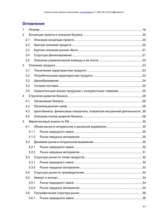 Консалтинговая компания «БизпланиКо» www.bizplan5.ru +7 (495) 645 18 95 info@bizplan5.ru
11
Оглавление
1 Резюме.............................................................................................................................16
2 Концепция проекта и описание бизнеса ........................................................................20
2.1 Описание концепции проекта...................................................................................20
2.2 Краткое описание продукта......................................................................................20
2.3 Краткое описание рынков сбыта..............................................................................21
2.4 Структура финансирования .....................................................................................21
2.5 Описание управленческой команды и ее опыта .....................................................22
3 Описание продукта..........................................................................................................23
3.1 Технические характеристики продукта....................................................................23
3.2 Потребительские характеристики продукта ............................................................23
3.3 Ценообразование .....................................................................................................24
3.4 Условия поставки......................................................................................................25
3.5 Сравнительный анализ продукции с конкурентными товарами.............................25
4 Стратегия развития бизнеса...........................................................................................26
4.1 Организация бизнеса................................................................................................26
4.2 Организационная схема ...........................................................................................26
4.3 Цели бизнеса: финансовые показатели, показатели внутренней деятельности..28
4.4 Описание этапов развития бизнеса.........................................................................28
5 Маркетинговый анализ по РФ.........................................................................................30
5.1 Объем рынка в натуральном и денежном выражении............................................30
5.1.1 Рынок природного камня...................................................................................30
5.1.2 Рынок нерудных материалов ............................................................................30
5.2 Динамика рынка в натуральном выражении ...........................................................30
5.2.1 Рынок природного камня...................................................................................30
5.2.2 Рынок нерудных материалов ............................................................................31
5.3 Структура рынка по типам продуктов ......................................................................32
5.3.1 Рынок природного камня...................................................................................32
5.3.2 Рынок нерудных материалов ............................................................................33
5.4 Структура рынка по производителям ......................................................................33
5.5 Импорт и экспорт ......................................................................................................34
5.5.1 Рынок природного камня...................................................................................34
5.5.2 Рынок нерудных материалов ............................................................................34
5.6 Географическая структура рынка ............................................................................36
5.6.1 Рынок природного камня...................................................................................36
 
