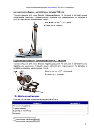 Консалтинговая компания «БизпланиКо» www.bizplan5.ru +7 (495) 645 18 95 info@bizplan5.ru
121
Автоматическое буровое устройство на рельсах TBC-хх/х
Тяжелая машина для резки блоков, перемещающаяся по рельсам, с автоматическим
управлением движения, пневматическим мотором для перемещения по рельсам и
устройством смазки, включенным в линию.
Цена: х ххх ххх руб.41
с доставкой
Количество: х единица
Гидравлическое кольное устройство HYDROSPLIT HSххх/PN
Тяжелая машина для резки блоков, перемещающаяся по рельсам, с автоматическим
управлением движения, пневматическим мотором для перемещения по рельсам и
устройством смазки, включенным в линию.
Цена: х ххх ххх руб.42
с доставкой
Количество: х единица
13.4 Штатное расписание
Штатное расписание приведено в следующей таблице.
Должность Численность
Генеральный директор х
Главный инженер х
Директор по маркетингу х
Референт х
41
Предложение компании REMORA
42
Предложение компании REMORA
 