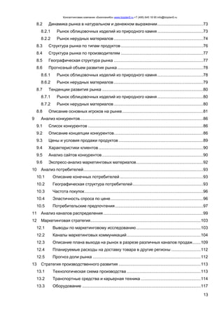 Консалтинговая компания «БизпланиКо» www.bizplan5.ru +7 (495) 645 18 95 info@bizplan5.ru
13
8.2 Динамика рынка в натуральном и денежном выражении.......................................73
8.2.1 Рынок облицовочных изделий из природного камня.......................................73
8.2.2 Рынок нерудных материалов ............................................................................74
8.3 Структура рынка по типам продуктов ......................................................................76
8.4 Структура рынка по производителям ......................................................................77
8.5 Географическая структура рынка ............................................................................77
8.6 Прогнозный объем развития рынка .........................................................................78
8.6.1 Рынок облицовочных изделий из природного камня.......................................78
8.6.2 Рынок нерудных материалов ............................................................................79
8.7 Тенденции развития рынка ......................................................................................80
8.7.1 Рынок облицовочных изделий из природного камня.......................................80
8.7.2 Рынок нерудных материалов ............................................................................80
8.8 Описание основных игроков на рынке.....................................................................81
9 Анализ конкурентов.........................................................................................................86
9.1 Список конкурентов ..................................................................................................86
9.2 Описание концепции конкурентов............................................................................86
9.3 Цены и условия продажи продуктов ........................................................................89
9.4 Характеристики клиентов .........................................................................................90
9.5 Анализ сайтов конкурентов......................................................................................90
9.6 Экспресс-анализ маркетинговых материалов.........................................................92
10 Анализ потребителей......................................................................................................93
10.1 Описание конечных потребителей.......................................................................93
10.2 Географическая структура потребителей............................................................93
10.3 Частота покупок.....................................................................................................96
10.4 Эластичность спроса по цене...............................................................................96
10.5 Потребительские предпочтения...........................................................................97
11 Анализ каналов распределения.....................................................................................99
12 Маркетинговая стратегия..............................................................................................103
12.1 Выводы по маркетинговому исследованию.......................................................103
12.2 Каналы маркетинговых коммуникаций...............................................................104
12.3 Описание плана выхода на рынок в разрезе различных каналов продаж.......109
12.4 Планируемые расходы на доставку товара в другие регионы .........................112
12.5 Прогноз доли рынка ............................................................................................112
13 Стратегия производственного развития ......................................................................113
13.1 Технологическая схема производства ...............................................................113
13.2 Транспортные средства и карьерная техника ...................................................114
13.3 Оборудование .....................................................................................................117
 