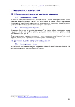 Консалтинговая компания «БизпланиКо» www.bizplan5.ru +7 (495) 645 18 95 info@bizplan5.ru
30
5 Маркетинговый анализ по РФ
5.1 Объем рынка в натуральном и денежном выражении
5.1.1 Рынок природного камня
По данным исследования компании Research.Techart в хххх г. объем российского рынка
гранита и мрамора составил ххх тыс. куб. м продукции из камня. Точное определение
объема рынка в денежном выражении не представляется возможным ввиду большого
ценового разброса на изделия различных видов и назначений.
5.1.2 Рынок нерудных материалов
По данным бюллетеня «Нерудные материалы»1
за хххх г. объем российского рынка
нерудных материалов (щебня, гравия, природного камня, каменных гранул, песка)
составил ххх,х млн. куб. м.
Среднегодовая цена нерудных материалов в хххх г. составила ххх руб. за х куб. м, таким
образом, объем рынка в денежном выражении равен ххх,х млрд. руб.
5.2 Динамика рынка в натуральном выражении
5.2.1 Рынок природного камня
На следующей диаграмме приведена динамика российского рынка гранита и мрамора по
данным исследования компании Research.Techart.
1
Источник: http://marketing.rbc.ru/research/ххххххххххххххх.shtml
 