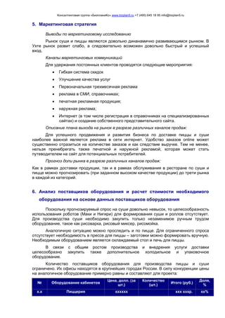 Консалтинговая группа «БизпланиКо» www.bizplan5.ru +7 (495) 645 18 95 info@bizplan5.ru
5. Маркетинговая стратегия
Выводы по маркетинговому исследованию
Рынок суши и пиццы являются довольно динанамично развивающимся рынком. В
Ухте рынок развит слабо, а следовательно возможен довольно быстрый и успешный
вход.
Каналы маркетинговых коммуникаций
Для удержания постоянных клиентов проводятся следующие мероприятия:
 Гибкая система скидок
 Улучшение качества услуг
 Первоначальная трехмесячная реклама
 реклама в СМИ, справочниках;
 печатная рекламная продукция;
 наружная реклама;
 Интернет (в том числе регистрация в справочниках на специализированных
сайтах) и создание собственного представительного сайта.
Описание плана выхода на рынок в разрезе различных каналов продаж:
Для успешного продвижения и развития бизнеса по доставке пиццы и суши
наиболее важной является реклама в сети интернет. Удобство заказов online может
существенно отразиться на количестве заказов и как следствие выручке. Тем не менее,
нельзя пренебрегать также печатной и наружной рекламой, которая может стать
путеводителем на сайт для потенциальных потребителей.
Прогноз доли рынка в разрезе различных каналов продаж:
Как в рамках доставки продукции, так и в рамках обслуживания в ресторане по суши и
пицце можно прогнозировать (при заданном высоком качестве продукции) до трети рынка
в каждой из категорий.
6. Анализ поставщиков оборудования и расчет стоимости необходимого
оборудования на основе данных поставщиков оборудования
Поскольку прогнозируемый спрос на суши довольно невысок, то целесообразность
использования роботов (Маки и Нигири) для формирования суши и роллов отсутствует.
Для производства суши необходимо закупить только незаменимое ручным трудом
оборудование, такое как рисоварка, рисовый миксер, рисомойка.
Аналогичную ситуацию можно проследить и по пицце. Для ограниченного спроса
отсутствует необходимость в прессе для пиццы – заготовки можно формировать вручную.
Необходимым оборудованием является охлаждаемый стол и печь для пиццы.
В связи с общим ростом производства и внедрения услуги доставки
целесообразно закупить также дополнительное холодильное и упаковочное
оборудование.
Количество поставщиков оборудования для производства пиццы и суши
ограничено. Их офисы находятся в крупнейших городах России. В силу конкуренции цены
на аналогичное оборудование примерно равны и составляют для проекта:
№ Оборудование кабинетов
Цена, долл. (за
шт.)
Количество
(шт.)
Итого (руб.)
Доля,
%
х.х Пиццерия хххххх ххх хххр. хх%
 