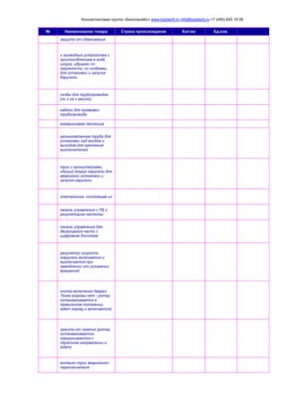 Консалтинговая группа «БизпланиКо» www.bizplan5.ru info@bizplan5.ru +7 (495) 645 18 95
№ Наименование товара Страна происхождения Кол-во Ед.изм.
защита от сдавливания
х приводных устройства с
приспособлением в виде
шнура, идущего по
окружности, со скобками,
для остановки и запуска
Карусели
скобы для трубопроводов
(по х на х место)
кабели для промывки
трубопровода
алюминиевая лестница
цельнокатанная труба для
установки над входом и
выходом для крепления
выключателей
трос с кронштейнами,
идущий вокруг карусели для
аварийной остановки и
запуска карусели
электроника, состоящая из
панель управления с ПК и
регулятором частоты
панель управления для
движущейся части с
цифровым дисплеем
регулятор скорости
(карусель включается и
выключается при
замедлении или ускорении
вращения)
кнопка включения дверей
Texas (коровы нет - ротор
останавливается в
правильном положении,
ждет корову и включается)
зажита от сжатия (ротор
останавливается,
поворачивается с
обратном направлении и
ждет)
вкл/выкл трос аварийного
переключателя
 