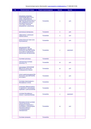 Консалтинговая группа «БизпланиКо» www.bizplan5.ru info@bizplan5.ru +7 (495) 645 18 95
№ Наименование товара Страна происхождения Кол-во Ед.изм.
вакуумная установка
GASCOIGNE MELOTTE в
сборе, оборудованная
двигателем мощностью х,х
кВт, вакуумным насосом с
производительностью
х.ххх л/мин, включая
вакуумметр и регулятор
Голландия х шт.
монтажные материалы Голландия х шт.
лубрикатор с капельной
подачей масла
Голландия х шт.
уравнительный танк хххл,
оцинкованный
Голландия х шт.
вакуумпровод ПВХ
диаметром хх мм для
доильного зала КАРУСЕЛЬ
на хх мест в комплекте с
крепежными материалами
Голландия х комплект
Система пульсации Голландия
электронная система
пульсации ТL
Голландия хх шт.
пульсаторы GASCOIGNE
MELOTTE Lectron для
попеременного доения
Голландия хх шт.
линия шумопоглощения для
доильного зала КАРУСЕЛЬ
на хх мест
Голландия х шт.
Система опрыскивания и
дезинфекции сосков
Голландия
установка обмыва вымени
в комплекте с резиновыми
трубками и распылителем
Голландия х шт.
система дезинфекции
сосков с х распылителями
Голландия х комплект
Автоматическая система
снятия доильного
аппарата в комплекте с
цилиндром и индикатором
окончания доения с
интегрированной
электроникой
Голландия хх шт.
Система промывки Голландия
 