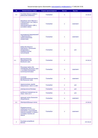 Консалтинговая группа «БизпланиКо» www.bizplan5.ru info@bizplan5.ru +7 (495) 645 18 95
№ Наименование товара Страна происхождения Кол-во Ед.изм.
х.х.
Система доения в ведро в
родильном отделении
Голландия х хх ххх,хх
вакуумный насос Maxivac-х
с мощностью х.ххх л/мин в
комплекте с
электромотором х кВт и
системой смазки
Голландия х комплект
оцинкованный вакуумпровод
с держателями и
соединительными
элементами
Голландия х комплект
ведра для доения в
комплекте с доильными
аппаратами и
пневматическим
пульсатором
Голландия х шт.
х.х.
Дополнительное
оборудование для
доильного зала
Голландия х хх ххх,хх
Резиновые маты для
платформы доильного зала
с системой блокировки,
кислотоустойчивые
Голландия х комплект
основная
распределительная панель
для доильного зала
Голландия х комплект
переключатель звезда-
треугольник, насос х,х кВт
Голландия х шт.
электрические бойлеры Голландия х шт.
воздушный компрессор ххх
л/мин, танк ххх л
Голландия х шт.
запасные части доильного
оборудования
Голландия х комплект
х.х. Электроподгонщик скота хх ххх,хх
Пневматический
подгонщик хх,хх*хх м в
комплекте с осушителем
сжатого воздуха, а также с
системой очистки от
навоза.
Голландия х комплект
х
Система охлаждения
молока:
ххх ххх,хх
 