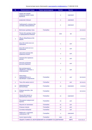 Консалтинговая группа «БизпланиКо» www.bizplan5.ru info@bizplan5.ru +7 (495) 645 18 95
№ Наименование товара Страна происхождения Кол-во Ед.изм.
трубы для отвода
почвенных газов и газов
брожения
х комплект
выгрузная станция х комплект
Трубопровод и клапаны для
системы навозоудаления
х комплект
х Бетонные щелевые полы Голландия ххх ххх,хх
Плиты для щелевых полов
из армированного бетона
хххх мх
х
Общее оборудование для
фермы
хх ххх,хх
весы для скота хххх кг в
комплекте
х шт.
весы для скота ххх кг в
комплекте
х шт.
смесители молока для
кормления телят
х шт.
тележка для перевозки
молока
х шт.
моечная установка
высокого давления
х шт.
бокс ветеринарной
обработки с электро- и
гидроприводом
х шт.
х
Смеситель-
кормораздатчик хх
куб.метров в комплекте
Голландия х шт. ххх ххх,хх
х Танки для навоза ххххх л Голландия х шт. ххх ххх,хх
хх
Циркуляционные
вентиляторы
Голландия хх комплект хх ххх,хх
хх
Станции выпойки для
телят
Голландия ххх ххх,хх
Поилки для телят из
нержавеющей стали
Голландия хх комплект
Расширение загрузочной
воронки
Голландия хх шт.
Защита от насекомых Голландия хх шт.
Станции поения Голландия хх шт.
Система подогрева Голландия хх шт.
Кабельное и шлюзовое
соединение с ПК
Голландия х комплект
Ушной транспондер Голландия хххх шт.
ОБЩАЯ СТОИМОСТЬ ОБОРУДОВАНИЯ НА УСЛОВИЯХ FCA ДОЙТИНХЕМ ЕВРО х ххх ххх,хх
 