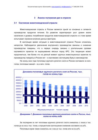 Консалтинговая группа «БизпланиКо» www.bizplan5.ru info@bizplan5.ru +7 (495) 645 18 95
3 Анализ положения дел в отрасли
3.1 Состояние животноводческой отрасли
Животноводческая отрасль в России является одной из основных в сегменте
производства продуктов питания. Ее развитие характеризует рост уровня жизни
населения и уровень потребления продуктов животноводческой отрасли и в тоже время
испытывает огромное влияние данных факторов.
В настоящее время ситуация в животноводческой отрасли России сложилась
непростая. Наблюдается увеличение внутреннего производства свинины и снижение
производства говядины, что в первую очередь связано с длительными сроками
окупаемости проектов по выращиванию мясных пород КРС. Эта тенденция может
продолжиться, тем более что на данный момент крупных инвестиционных проектов по
производству говядины в России нет – в противовес настоящему буму в свиноводстве.
На конец хххх года поголовье крупного рогатого скота в России составило хх млн.
голов, поголовье свиней – хх,х млн. голов.
Диаграмма 1. Динамика поголовья крупного рогатого скота в России, тыс.
голов на конец года
За последние хх лет поголовье крупного рогатого скота снижалось с ххххх,х тыс.
голов до хх ххх,х тыс. голов, в процентном соотношении снижение составило хх,хх%.
Поголовье коров также снизилось на х ххх,хх тыс. голов или на хх,хх%.
 