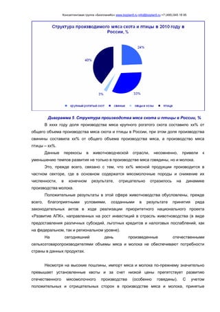 Консалтинговая группа «БизпланиКо» www.bizplan5.ru info@bizplan5.ru +7 (495) 645 18 95
Диаграмма 5 .Структура производства мяса скота и птицы в России, %
В хххх году доля производства мяса крупного рогатого скота составило хх% от
общего объема производства мяса скота и птицы в России, при этом доля производства
свинины составила хх% от общего объема производства мяса, а производство мяса
птицы – хх%.
Данные перекосы в животноводческой отрасли, несомненно, привели к
уменьшению темпов развития не только в производстве мяса говядины, но и молока.
Это, прежде всего, связано с тем, что хх% мясной продукции производится в
частном секторе, где в основном содержатся мясомолочные породы и снижение их
численности, в конечном результате, отрицательно отразилось на динамике
производства молока.
Положительные результаты в этой сфере животноводства обусловлены, прежде
всего, благоприятными условиями, созданными в результате принятия ряда
законодательных актов в ходе реализации приоритетного национального проекта
«Развитие АПК», направленных на рост инвестиций в отрасль животноводства (в виде
предоставления различных субсидий, льготных кредитов и налоговых послаблений, как
на федеральном, так и региональном уровне).
На сегодняшний день произведенные отечественными
сельхозтоваропроизводителями объемы мяса и молока не обеспечивают потребности
страны в данных продуктах.
Несмотря на высокие пошлины, импорт мяса и молока по-прежнему значительно
превышает установленные квоты и за счет низкой цены препятствует развитию
отечественного мясомолочного производства (особенно говядины). С учетом
положительных и отрицательных сторон в производстве мяса и молока, принятые
 