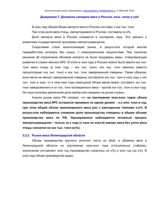 Консалтинговая группа «БизпланиКо» www.bizplan5.ru info@bizplan5.ru +7 (495) 645 18 95
Диаграмма 7. Динамика импорта мяса в Россию, тыс. тонн в год
В хххх году общий объем импорта мяса в Россию составил х ххх тыс. тонн.
При этом доля мяса птицы, импортируемого в Россию, составила хх,х%.
Доля импорта мяса в Россию снижается в последние годы. Это связано с
развитием государственной программы импортозамещения.
Следствием стала монополизация рынка, в результате которой многие
переработчики остались без сырья, с незагруженными мощностями. При принятии
решения об ограничении объемов импорта не были продуманы меры, стимулирующие
развитие в стране мясного КРС. В итоге в хххх году в Россию можно было ввезти ххх тыс.
тонн мяса птицы (в хххх году – ххх тыс. тонн), ххх тыс. тонн свинины (вместо
прошлогодних ххх тыс. тонн) и ххх тыс. тонн замороженной говядины. Таким образом,
если квота на импорт замороженной говядины составляла ххх тыс. тонн в хххх году и ххх
тыс. тонн в хххх, то в хххх-хххх годы ежегодный объем ввоза может составить ххх тыс.
тонн замороженного и хх тыс. тонн охлажденного мяса – против ххх тыс. тонн в хххх году.
На лицо политика увеличения доли импортной говядины на рынке страны.
Анализ рынка мяса РФ показал, что на протяжении хххх-хххх годов объем
производства мяса КРС оставался примерно на одном уровне - х,х млн. тонн в год,
при этом общий объем производимого мяса рос с ежегодными темпами х-х%. В
результате наблюдается снижение доли производства говядины в общем объеме
производства мяса по РФ. Одновременно наблюдается активный процесс
импортозамещения – только за х года (с хххх по хххх-й) импорт мяса без учета мяса
птицы снизился на ххх тыс. тонн (хх%).
3.2.2 Рынок мяса Ленинградской области
Объем производства крупного рогатого скота на убой, в убойном весе в
Ленинградской области на протяжении хххх-хххх года относительно стабилен,
исключение составляют хххх год (производство снизилось на х%) и хххх год (на х%). В
хххх году объем производства вырос
 