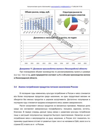 Консалтинговая группа «БизпланиКо» www.bizplan5.ru info@bizplan5.ru +7 (495) 645 18 95
Диаграмма 11. Динамика производства молока в Ленинградской области
При планируемом объеме производства по рассматриваемому проекту в размере
хх,х тыс. тонн в год, доля предприятия составит х,х% в объеме производства молока
в Ленинградской области.
3.4 Анализ потребления продуктов питания населением России
В последние годы изменилась культура потребления в России и мясо становится
все более популярным продуктом среди населения, ни один продуктовый магазин не
обходится без мясных продуктов в широком ассортименте. Достаточно популярным в
последние годы становится продажа охлажденного мяса, взамен замороженного.
Растет ассортимент мясных продуктов на магазинных прилавках. Немалую долю
среди них составляют замороженные полуфабрикаты: пельмени, вареники, котлеты,
блинчики. В первую очередь данный тренд связан с развитием культуры потребления
пищи и растущей популярностью продуктов быстрого приготовления. Несмотря на рост
потребления мяса и мясопродуктов на душу населения, в России этот показатель по-
прежнему существенно отстает от развитых стран: ххх кг на человека в США, около хх кг в
странах ЕС и всего хх кг – в России.
 