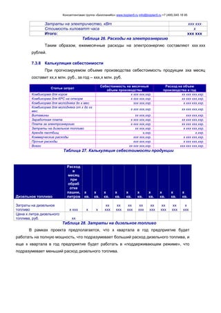 Консалтинговая группа «БизпланиКо» www.bizplan5.ru info@bizplan5.ru +7 (495) 645 18 95
Затраты на электричество, кВт ххх ххх
Стоимость киловатт часа х
Итого: ххх ххх
Таблица 26. Расходы на электроэнергию
Таким образом, ежемесячные расходы на электроэнергию составляют ххх ххх
рублей.
7.3.8 Калькуляция себестоимости
При прогнозируемом объеме производства себестоимость продукции зха месяц
составит хх,х млн. руб., за год – ххх,х млн. руб.
Статьи затрат
Себестоимость на месячный
объем производства
Расход на объем
производства в год
Комбикорма для коров х ххх ххх,ххр. хх ххх ххх,ххр.
Комбикорма для КРС на откорм х ххх ххх,ххр. хх ххх ххх,ххр.
Комбикорма для молодняка до х мес. ххх ххх,ххр. х ххх ххх,ххр.
Комбикорма для молодняка от х до хх
мес.
х ххх ххх,ххр. хх ххх ххх,ххр.
Витамины хх ххх,ххр. ххх ххх,ххр.
Заработная плата х ххх ххх,ххр. хх ххх ххх,ххр.
Плата за электроэнергию х ххх ххх,ххр. хх ххх ххх,ххр.
Затраты на дизельное топливо хх ххх,ххр. х ххх ххх,ххр.
Аренда пастбищ х,ххр. х,ххр.
Коммерческие расходы ххх ххх,ххр. х ххх ххх,ххр.
Прочие расходы ххх ххх,ххр. х ххх ххх,ххр.
Всего хх ххх ххх,ххр. ххх ххх ххх,ххр.
Таблица 27. Калькуляция себестоимости продукции
Дизельное топливо
Расход
в
месяц
при
обраб
отке
пашни,
литров
х
кв.
х
кв.
х
кв.
х
кв.
х
кв.
х
кв.
х
кв.
х
кв.
х
кв.
х
х
кв.
Затраты на дизельное
топливо х ххх х х
хх
ххх
хх
ххх
хх
ххх
хх
ххх
хх
ххх
хх
ххх
хх
ххх
х
х
ххх
Цена х литра дизельного
топлива, руб. хх
Таблица 28. Затраты на дизельное топливо
В рамках проекта предполагается, что х квартала в год предприятие будет
работать на полную мощность, что подразумевает больший расход дизельного топлива, и
еще х квартала в год предприятие будет работать в «поддерживающем режиме», что
подразумевает меньший расход дизельного топлива.
 