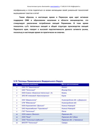 Консалтинговая группа «БизпланиКо» www.bizplan5.ru +7 (495) 65 18 95 info@bizplan5.ru
агрофраншизу и готов поделиться со всеми желающими своей уникальной технологией
выращивания томатов в сетке!
Таким образом, в настоящее время в Пермском крае идет активная
поддержка СМИ в образовании населения в области овощеводства, что
стимулирует увеличение потребления овощей Пермяками. В тоже время
показатель х,х% тепличных овощей в общей структуре производства овощей
Пермского края, говорит о высокой перспективности данного сегмента рынка,
поскольку в настоящее время он практически не охвачен.
5.19 Теплицы Приволжского Федерального Округа
№ Название комплекса Место расположения
х ОАО ТК "Завьяловский" Ижевск
х ОАО "Тепличный" Йошкар-Ола
х ООО Совхоз «Казанский тепличный - А» Казань
х ЗАО АК племзавод «Красногорский» Киров
х ОАО "Дзержинское" Нижегородская обл. г.Дзержинск
х СПК "Ждановское" Нижегородская обл
х ООО Агрокомплекс "Доскино" Нижний Новгород
х ОАО Агрокомбинат "Горьковский" Нижний Новгород
х ГУП "Тепличный" Пенза
хх ООО совхоз «Ленский» Пермская обл.
хх ООО "Ника" Пермская обл.Губаха
хх ООО "Тепличный комбинат" Пермская обл. г.Чайковский
хх МУСПП "Тепличный" Самара
 