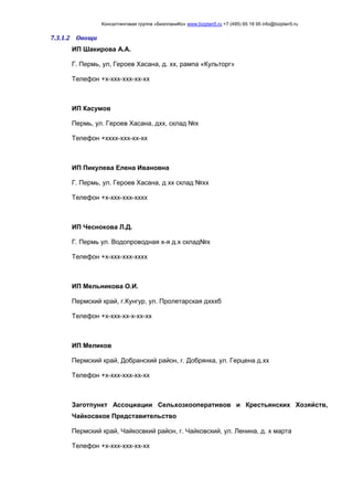 Консалтинговая группа «БизпланиКо» www.bizplan5.ru +7 (495) 65 18 95 info@bizplan5.ru
7.3.1.2 Овощи
ИП Шакирова А.А.
Г. Пермь, ул, Героев Хасана, д. хх, рампа «Культорг»
Телефон +х-ххх-ххх-хх-хх
ИП Касумов
Пермь, ул. Героев Хасана, дхх, склад №х
Телефон +хххх-ххх-хх-хх
ИП Пикулева Елена Ивановна
Г. Пермь, ул. Героев Хасана, д хх склад №хх
Телефон +х-ххх-ххх-хххх
ИП Чеснокова Л.Д.
Г. Пермь ул. Водопроводная х-я д.х склад№х
Телефон +х-ххх-ххх-хххх
ИП Мельникова О.И.
Пермский край, г.Кунгур, ул. Пролетарская дхххб
Телефон +х-ххх-хх-х-хх-хх
ИП Меликов
Пермский край, Добранский район, г. Добрянка, ул. Герцена д.хх
Телефон +х-ххх-ххх-хх-хх
Заготпункт Ассоциации Сельхозкооперативов и Крестьянских Хозяйств,
Чайкосвкое Представительство
Пермский край, Чайкосвкий район, г. Чайковский, ул. Ленина, д. х марта
Телефон +х-ххх-ххх-хх-хх
 