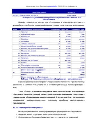 Консалтинговая группа «БизпланиКо» www.bizplan5.ru +7 (495) 65 18 95 info@bizplan5.ru
Описание товара Стоимость
ИТОГО КАПИТАЛЬНЫЕ ЗАТРАТЫ ххххххххх,хх
Таблица 10-5. Краткая характеристика строительства теплиц и их
оборудования
Помимо строительства теплиц, для обслуживания и транспортировки грунта и
урожая будет приобретена сельскохозяйственная техника: плуги, тракторы и сенокосилки.
№ пп Наименование оборудования Количество Цена руб. Стоимость, руб.
х Трактор х ххххххх ххххххх
х Самоходное шасси х ххххх ххххх
х Погрузчики х хххххх хххххх
х Самосвал х ххххххх ххххххх
х Подъемник х хххххх хххххх
х Тележка стелажка хх хххх ххххх
х Линия производства смесей х хххххх хххххх
х Машина для приготовления грунтов х хххххх хххххх
х Машина для смесей х ххххх ххххх
хх Бульдозер х ххххххх ххххххх
хх Машина для вскапывания почвы х ххххх ххххх
хх Копатель х хххххх хххххх
хх Машина для удобрений ххххххх х
хх Сеялка х хххх ххххх
хх Платформа-стремянка хх хххх ххххх
хх Сортировочное оборудование х ххххх хххххх
Итого основное оборудование ххххххх
хх Офисная техника и мебель х ххххх ххххх
Итого ххххх
Итого затраты на оборудование ххххххх
Таблица 10-6. Перечень необходимого оборудования – сельхозтехники
В рамках рассматриваемого проекта предполагается приобрести строится теплица
размером х га (согласно НТП, участку х,х га соответствует площадь теплицы размером –
х га)
Таким образом, освоение планируемых инвестиций позволит в полной мере
обеспечить производственный процесс необходимыми основными средствами –
помещениями, оборудованием, сельхозтехникой. В результате будет организовано
современное высокотехнологичное тепличное хозяйство круглогодичного
производства.
10.3 Календарный план проекта
На настоящий момент по проекту проведен ряд предварительных мероприятий:
1. Проведен анализ ситуации на рынке купли-продажи овощей.
2. Определены необходимые объемы и стоимость строительства помещений.
 