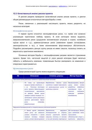 Консалтинговая группа «БизпланиКо», www.bizplanх.ru , vip@bizplanх.ru , (ххх) ххх хх хх
12.3 Качественный анализ рисков проекта
В данном разделе проводится качественный анализ рисков проекта, и даются
общие рекомендации относительно методов борьбы с ними.
Риски, связанные с реализацией настоящего проекта, можно разделить на
несколько категорий.
Неспецифические риски
К первой группе относятся неспецифические риски, т.е. прямо или косвенно
угрожающие практически любому проекту. В этой категории можно выделить
макроэкономические риски (ухудшение экономической ситуации в стране, колебания
курсов валют и т.д.), административные риски (изменения правил согласования,
законодательства и пр.), а также возникновение форс-мажорных обстоятельств.
Подробно рассматривать данную группу рисков не имеет смысла, поскольку снизить их
вероятность практически невозможно.
Основным методом борьбы с неспецифическими рисками является страхование
проекта. Кроме того, частичной защитой от угроз данной категории будет являться
гибкость и мобильность компании, позволяющие быстро реагировать на изменения и
оперативно перестраиваться.
Организационные риски
Среди рисков второй группы можно выделить следующие:
№ Описание Степень угрозы Метод борьбы
Увеличение сроков реализации проекта по организационным причинам
х По плану на организацию
процесса продаж отводится х -
х кв. Поскольку некоторые
риски проекта демонстрируют
положительную зависимость
от времени, данная угроза
требует особого внимания, т.к.
затягивание сроков реализации
проекта увеличивает другие
риски (например,
маркетинговые).
Вероятность данного риска
находится в прямой зависимости
от организационных усилий по
реализации проекта.
Минимизировать данную
угрозу можно путем
разработки подробного
календарного плана и
строгого следования
правилам проджект-
менеджмента.
Нарушение договоренностей со стороны внешних участников проекта
х К данной группе относятся
такие риски, как изменение
условий, стоимости и сроков
оказания поставки товаров
(услуг), условий финансирования
Вероятность нарушения
договоренностей со стороны
внешних участников проекта
невысока, поскольку со многими
из них уже налажены партнерские
Для минимизации данных
угроз необходимо четко
прописывать
обязательства сторон и
юридически оформлять
 