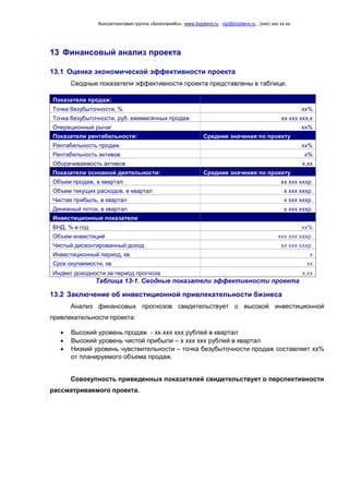 Консалтинговая группа «БизпланиКо», www.bizplanх.ru , vip@bizplanх.ru , (ххх) ххх хх хх
13 Финансовый анализ проекта
13.1 Оценка экономической эффективности проекта
Сводные показатели эффективности проекта представлены в таблице.
Показатели продаж:
Точка безубыточности, % хх%
Точка безубыточности, руб. ежемесячных продаж хх ххх ххх,х
Операционный рычаг хх%
Показатели рентабельности: Средние значения по проекту
Рентабельность продаж хх%
Рентабельность активов х%
Оборачиваемость активов х,хх
Показатели основной деятельности: Средние значения по проекту
Объем продаж, в квартал хх ххх хххр.
Объем текущих расходов, в квартал х ххх хххр.
Чистая прибыль, в квартал х ххх хххр.
Денежный поток, в квартал х ххх хххр.
Инвестиционные показатели
ВНД, % в год хх%
Объем инвестиций ххх ххх хххр.
Чистый дисконтированный доход хх ххх хххр.
Инвестиционный период, кв. х
Срок окупаемости, кв. хх
Индекс доходности за период прогноза х,хх
Таблица 13-1. Сводные показатели эффективности проекта
13.2 Заключение об инвестиционной привлекательности бизнеса
Анализ финансовых прогнозов свидетельствует о высокой инвестиционной
привлекательности проекта:
 Высокий уровень продаж - хх ххх ххх рублей в квартал
 Высокий уровень чистой прибыли – х ххх ххх рублей в квартал
 Низкий уровень чувствительности – точка безубыточности продаж составляет хх%
от планируемого объема продаж.
Совокупность приведенных показателей свидетельствует о перспективности
рассматриваемого проекта.
 