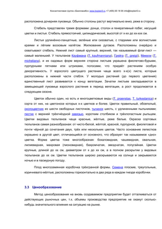 Консалтинговая группа «БизпланиКо» www.bizplan5.ru +7 (495) 65 18 95 info@bizplan5.ru
расположена дочерняя луковица. Обычно столоны растут вертикально вниз, реже в сторону.
Стебель представлен тремя формами: донце, столон и генеративный побег, несущий
цветки и листья. Стебель прямостоячий, цилиндрический, высотой от х-хх до хх-ххх см.
Листья удлинённо-ланцетные, зелёные или сизоватые, с гладкими или волнистыми
краями и лёгким восковым налётом. Жилкование дуговое. Расположены очерёдно и
охватывают стебель. Нижний лист самый крупный, верхний, так называемый флаг-лист —
самый маленький. У тюльпанов Кауфмана (T. kaufmanniana), Грейга (T. greigii), Микели (T.
micheliana), и их садовых форм верхняя сторона листьев украшена фиолетово-бурыми,
пурпурными пятнами или штрихами, полосами, что придаёт растениям особую
декоративность. У взрослого цветущего растения чаще всего х-х(х) листа, которые
расположены в нижней части стебля. У молодых растений (до первого цветения)
единственный лист развивается к концу вегетации. Зачатки листьев закладываются в
замещающей луковице взрослого растения в период вегетации, а рост продолжается в
следующем сезоне.
Цветок обычно один, но есть и многоцветковые виды (T. praenstas, T. turkestanica) и
сорта от них, на цветоносе которых х-х цветков и более. Цветок правильный, обоеполый,
околоцветник из шести свободных листочков, тычинок шесть, с удлиненными пыльниками;
пестик с верхней трёхгнёздной завязью, коротким столбиком и трёхлопастным рыльцем.
Цветки видовых тюльпанов чаще красные, жёлтые, реже белые. Окраска сортовых
тюльпанов самая разнообразная: от чисто-белой, жёлтой, красной, пурпурной, фиолетовой и
почти чёрной до сочетания двух, трёх или нескольких цветов. Часто основание лепестков
окрашено в другой цвет, отличающийся от основного, что образует так называемое «дно»
цветка. Форма цветка тоже многообразная: бокаловидная, чашевидная, овальная,
лилиевидная, махровая (пионовидная), бахромчатая, звездчатая, попугайная. Цветки
крупные, длиной до хх см, диаметром от х до хх см, а в полном раскрытии у видовых
тюльпанов до хх см. Цветки тюльпанов широко раскрываются на солнце и закрываются
ночью и в пасмурную погоду.
Плод многосемянная коробочка трёхгранной формы. Семена плоские, треугольные,
коричневато-жёлтые, расположены горизонтально в два ряда в каждом гнезде коробочки.
3.3 Ценообразование
Метод ценообразования на вновь создаваемом предприятии будет отталкиваться от
действующих рыночных цен, т.к. объемы производства предприятие не окажут сколько-
нибудь значительного влияния на ситуацию на рынке.
 