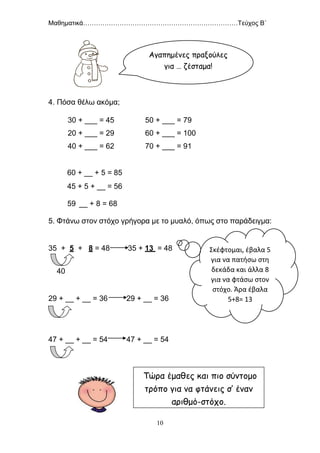 Μαθηματικά………………………………………………………………Τεύχος Β΄
10
4. Πόσα θέλω ακόμα;
30 + ___ = 45 50 + ___ = 79
20 + ___ = 29 60 + ___ = 100
40 + ___ = 62 70 + ___ = 91
60 + __ + 5 = 85
45 + 5 + __ = 56
59 __ + 8 = 68
5. Φτάνω στον στόχο γρήγορα με το μυαλό, όπως στο παράδειγμα:
35 + 5 + 8 = 48 35 + 13 = 48
40
29 + __ + __ = 36 29 + __ = 36
47 + __ + __ = 54 47 + __ = 54
Τώρα έμαθες και πιο σύντομο
τρόπο για να φτάνεις σ’ έναν
αριθμό-στόχο.
Αγαπημένες πραξούλες
για … ζέσταμα!
Σκέφτομαι, έβαλα 5
για να πατήσω στη
δεκάδα και άλλα 8
για να φτάσω στον
στόχο. Άρα έβαλα
5+8= 13
 