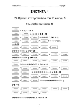 Μαθηματικά………………………………………………………………Τεύχος Β΄
22
ΕΝΟΤΗΤΑ 4
24.Βρίσκω την προπαίδεια του 10 και του 5
Η προπαίδεια του 5 και του 10
= 5 ή 1×5 = 5
+ 5+5=10 ή 2×5 = 10
+ + + 5+5+5=15 ή 3×5 = 15
+ + + 5+ 5+5+5+5=20 ή
4×5=20
+ + + +
5+5+5+5+5=25 ή 5×5 = 25
+ + + + + + + +
5+5+5+5+5+5=30 ή 6×5 = 30
+ + + + +
5+5+5+5+5+5+5=35 ή 7×5 = 35
+ + + + +
+ 5+5+5+5+5+5+5+5=40 ή 8×5 = 40
+ + + + +
+ + 5+5+5+5+5+5+5+5+5=45 ή
9×5 = 45
+ + + + +
+ + +
5+5+5+5+5+5+5+5+5+5=50 ή 10×5 = 50
○○○○○
○○○○○ ○○○○○
○○○○○○○○○○ ○○○○○
○○○○○ ○○○○○ ○○○○○○○○○○
○○○○○ ○○○○○ ○○○○○○○○○○ ○○○○○
○○○○○ ○○○○○ ○○○○○○○○○○ ○○○○○ ○○○○○
○○○○○ ○○○○○ ○○○○○○○○○○ ○○○○○ ○○○○○
○○○○○
○○○○○ ○○○○○ ○○○○○○○○○○ ○○○○○ ○○○○○
○○○○○ ○○○○○
○○○○○ ○○○○○ ○○○○○○○○○○ ○○○○○ ○○○○○
○○○○○○○○○○ ○○○○○
○○○○○ ○○○○○ ○○○○○○○○○○
○○○○○ ○○○○○ ○○○○○○○○○○
○○○○○ ○○○○○
 