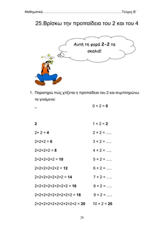 Μαθηματικά………………………………………………………………Τεύχος Β΄
28
25.Βρίσκω την προπαίδεια του 2 και του 4
1. Παρατηρώ πώς χτίζεται η προπαίδεια του 2 και συμπληρώνω
τα γινόμενα:
_ 0 × 2 = 0
2 1 × 2 = 2
2+ 2 = 4 2 × 2 = .....
2+2+2 = 6 3 × 2 = .....
2+2+2+2 = 8 4 × 2 = .....
2+2+2+2+2 = 10 5 × 2 = .....
2+2+2+2+2+2 = 12 6 × 2 = .....
2+2+2+2+2+2+2 = 14 7 × 2 = .....
2+2+2+2+2+2+2+2 = 16 8 × 2 = .....
2+2+2+2+2+2+2+2+2 = 18 9 × 2 = .....
2+2+2+2+2+2+2+2+2+2 = 20 10 × 2 = 20
Αυτή τη φορά 2-2 τα
σκαλιά!
 