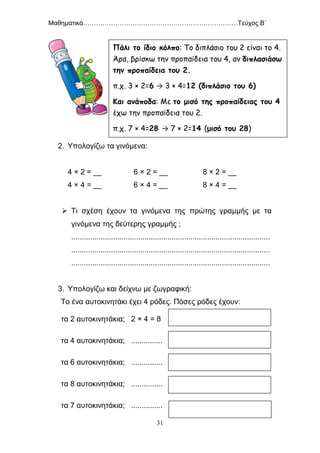Μαθηματικά………………………………………………………………Τεύχος Β΄
31
2. Υπολογίζω τα γινόμενα:
4 × 2 = __ 6 × 2 = __ 8 × 2 = __
4 × 4 = __ 6 × 4 = __ 8 × 4 = __
 Τι σχέση έχουν τα γινόμενα της πρώτης γραμμής με τα
γινόμενα της δεύτερης γραμμής ;
...............................................................................................
...............................................................................................
...............................................................................................
3. Υπολογίζω και δείχνω με ζωγραφική:
Το ένα αυτοκινητάκι έχει 4 ρόδες. Πόσες ρόδες έχουν:
τα 2 αυτοκινητάκια; 2 × 4 = 8
τα 4 αυτοκινητάκια; ...............
τα 6 αυτοκινητάκια; ...............
τα 8 αυτοκινητάκια; ...............
τα 7 αυτοκινητάκια; ...............
Πάλι το ίδιο κόλπο: Το διπλάσιο του 2 είναι το 4.
Άρα, βρίσκω την προπαίδεια του 4, αν διπλασιάσω
την προπαίδεια του 2.
π.χ. 3 × 2=6 → 3 × 4=12 (διπλάσιο του 6)
Και ανάποδα: Με το μισό της προπαίδειας του 4
έχω την προπαίδεια του 2.
π.χ. 7 × 4=28 → 7 × 2=14 (μισό του 28)
 