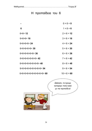 Μαθηματικά………………………………………………………………Τεύχος Β΄
38
Η προπαίδεια του 6
- 0 × 6 = 0
6 1 × 6 = 6
6+6= 12 2 × 6 = 12
6+6+6= 18 3 × 6 = 18
6+6+6+6= 24 4 × 6 = 24
6+6+6+6+6= 30 5 × 6 = 30
6+6+6+6+6+6= 36 6 × 6 = 36
6+6+6+6+6+6+6= 42 7 × 6 = 42
6+6+6+6+6+6+6+6= 48 8 × 6 = 48
6+6+6+6+6+6+6+6+6= 54 9 × 6 = 54
6+6+6+6+6+6+6+6+6+6= 60 10 × 6 = 60
Δάσκαλε, τα έχουμε
καταφέρει πολύ καλά
με την προπαίδεια!
 