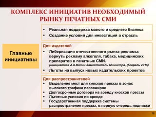 КОМПЛЕКС ИНИЦИАТИВ НЕОБХОДИМЫЙ
РЫНКУ ПЕЧАТНЫХ СМИ
Главные
инициативы
 Реальная поддержка малого и среднего бизнеса
 Создание условий для инвестиций в отрасль
18
Для издателей
 Либеризация отечественного рынка рекламы:
вернуть рекламу алкоголя, табака, медицинских
препаратов в печатные СМИ.
(инициатива А.К.Волин Заместитель Министра, февраль 2015)
 Льготы на выпуск новых издательских проектов
Для распространителей
 Выделение мест для киосков прессы в зонах
высокого трафика пассажиров
 Долгосрочные договора на аренду киосков прессы
 Льготные условия по аренде
 Государственная поддержка системы
распространения прессы, в первую очередь подписки
 