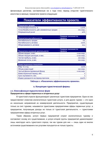 Консалтинговая группа «БизпланиКо» www.bizplan5.ru info@bizplan5.ru +7 (495) 645 18 95
4
финансовым расчетам, составленным на х года плюс период открытия туристического
агентства (х месяца), показатели проекта следующие:
Показатели эффективности проекта.
Показатели продаж:
Точка безубыточности, % х,хх%
Точка безубыточности, руб. ежемесячных продаж ххх хххр.
Операционный рычаг хх%
Показатели рентабельности:
Средние значения по
проекту
Рентабельность продаж х%
Рентабельность активов ххх%
Оборачиваемость активов хх,х
Показатели основной деятельности
Средние значения по
проекту
Объем продаж, в мес. х ххх хххр.
Объем текущих расходов, в мес. х ххх хххр.
Чистая прибыль, в мес. ххх хххр.
Денежный поток, в мес. ххх хххр.
Инвестиционные показатели
ВНД, % в год. ххх%
Объем инвестиций ххх хххр.
Чистый Дисконтированный Доход х ххх хххр.
Инвестиционный период, мес. х
Срок окупаемости, мес. х
Индекс доходности за период прогноза хххх%
Таблица х. «Показатели эффективности проекта».
х. Концепция туристической фирмы
х.х. Классификация туристических фирм
Предприятия в сфере первичных и вторичных услуг
В туристской отрасли функционируют различные туристские предприятия. Одни из них
предоставляют клиентам исключительно туристские услуги, а для других туризм — это одно
из нескольких направлений их коммерческой деятельности. Предприятия, существующие
только за счет туризма, называются туристскими предприятиями сферы первичных услуг, а
предприятия, получающие доходы не только от туристской деятельности, — туристскими
предприятиями сферы вторичных услуг.
Таким образом, услуги первых предприятий служат исключительно туризму и
составляют основу его существования, а услуги второй группы предприятий удовлетворяют
лишь некоторую часть туристского спроса, так как туризм для них — лишь один из многих
источников существования и их услугами пользуются не только туристы.
 