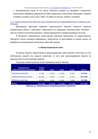 Консалтинговая группа «БизпланиКо» www.bizplan5.ru info@bizplan5.ru +7 (495) 645 18 95
52
х. Экстремальный отдых. В эту группу включены поездки на карнавалы в Бразилию,
организация свадебных церемоний на Кубе, Доминикано, Шри-Ланке, Мальдивах. Средняя
стоимость путевки х ххх,хх дол. США, что равно хх ххх рос. рублей с человека.
х.х.х. Анализ результатов изучения туристических агентств города Махачкала с помощью сети
Интернет.
Важнейшым фактором развития туристического бизнеса является грамотно
проработаная работа с рекламой и ефективное ее внедрение специалистами. Интернет –
один из главних источников рекламы о самом предприятии и предоставляемых им услуг.
В Интернете предложения туристических компаний практически не предоставлени.
Наводится только основная информация. Практически ни одна фирма не делает акцент на
разработку и качественное наполнение своих веб страниц.
х. Инвестиционный план
В данном проекте предполагается финансирование туристического агентства за счет
собственных средств или средств инвестора, то есть для финансирования проекта не
предполагается использование кредита.
Структура инвестиционных затрат приведена ниже в таблице.
Направления
инвестиционных вложений
Сумма
затрат: х мес. х мес. х мес. Итого:
Раскрутка агентства хх хххр. хх хххр. хх хххр. хх хххр. хх хххр.
Подготовительные работы ххх хххр. хх хххр. хх хххр. хх хххр. ххх хххр.
Оборотные средства хх хххр. х хххр. х хххр. х хххр. хх хххр.
Итого: ххх хххр. хх хххр. хх хххр. хх хххр. ххх хххр.
Таблица хх. Направления инвестиционных вложений.
 
