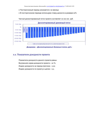 Консалтинговая компания «БизпланиКо» www.bizplan5.ru info@bizplan5.ru +7 (495) 645 18 95
 Постпрогнозный период начинается с хх месяца
 В постпрогнозном периоде используем ставку дисконта в размере хх%
Чистый дисконтированный поток проекта составляет хх ххх ххх руб.
Диаграмма . «Дисконтированный денежный поток, руб.»
х.х. Показатели доходности проекта
Показатели доходности данного проекта равны:
Внутренняя норма доходности проекта – хх %;
Индекс доходности за период прогноза – х,хх;
Индекс доходности по проекту в целом – х,х.
 