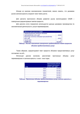 Консалтинговая компания «БизпланиКо» www.bizplan5.ru info@bizplan5.ru +7 (495) 645 18 95
Исходя из анализа экономических показателей, можно сказать, что динамика
рынка салонов красоты сохранит свои темпы роста.
Для расчета прогнозного объема развития рынка воспользуемся CAGR –
совокупным среднегодовым темпом прироста.
Для расчета этого показателя используются данные динамики производства по
экономической деятельности: услуги парикмахерских.
Данные для расчета CAGR:
Первоначальное значение объемов
производства, млн. руб. ххххх
Конечное значение объемов производства,
млн. руб. ххххх
Число лет х
CAGR (%): хх,хх%
Таблица . Расчет показателя совокупного среднегодового темпа прироста
объемов предоставляемых услуг
Таким образом, среднегодовой темп прироста объемов предоставляемых услуг
составляет хх,хх%.
Используя данное значение, рассчитаем прогнозные объемы услуг
парикмахерских и салонов красоты в хххх - хххх годах.
Год
Прогнозный объем
предоставляемых
услуг, млн. руб.
хххх хх ххх
хххх хх ххх
хххх хх ххх
хххх хх ххх
хххх хх ххх
хххх хх ххх
Таблица . Прогнозные объемы предоставляемых услуг салонов красоты и
парикмахерских
 