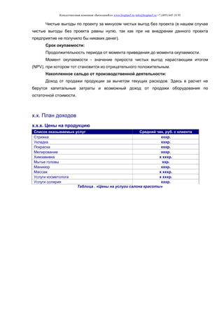 Консалтинговая компания «БизпланиКо» www.bizplan5.ru info@bizplan5.ru +7 (495) 645 18 95
Чистые выгоды по проекту за минусом чистых выгод без проекта (в нашем случае
чистые выгоды без проекта равны нулю, так как при не внедрении данного проекта
предприятие не получило бы никаких денег).
Срок окупаемости:
Продолжительность периода от момента приведения до момента окупаемости.
Момент окупаемости - значение прироста чистых выгод нарастающим итогом
(NPV), при котором тот становится из отрицательного положительным.
Накопленное сальдо от производственной деятельности:
Доход от продажи продукции за вычетом текущих расходов. Здесь в расчет не
берутся капитальные затраты и возможный доход от продажи оборудования по
остаточной стоимости.
х.х. План доходов
х.х.х. Цены на продукцию
Список оказываемых услуг Средний чек, руб. с клиента
Стрижка хххр.
Укладка хххр.
Покраска хххр.
Мелирование хххр.
Химзавивка х хххр.
Мытье головы ххр.
Маникюр хххр.
Массаж х хххр.
Услуги косметолога х хххр.
Услуги солярия хххр.
Таблица . «Цены на услуги салона красоты»
 