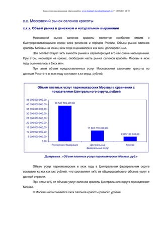 Консалтинговая компания «БизпланиКо» www.bizplan5.ru info@bizplan5.ru +7 (495) 645 18 95
х.х. Московский рынок салонов красоты
х.х.х. Объем рынка в денежном и натуральном выражении
Московский рынок салонов красоты является наиболее емким и
быстроразвивающимся среди всех регионов и городов России. Объем рынка салонов
красоты Москвы на конец хххх года оценивался в ххх млн. долларов США.
Это соответствует хх% ёмкости рынка и характеризует его как очень насыщенный.
При этом, несмотря на кризис, свободная часть рынка салонов красоты Москвы в хххх
году оценивалась в $ххх млн.
При этом объем предоставленных услуг Московскими салонами красоты по
данным Росстата в хххх году составил х,хх млрд. рублей.
Объем платных услуг парикмахерских Москвы в сравнении с
показателями Центрального округа, рублей
38 581 789 428,00
11 581 718 400,00
5 005 103 040,00
0,00
5 000 000 000,00
10 000 000 000,00
15 000 000 000,00
20 000 000 000,00
25 000 000 000,00
30 000 000 000,00
35 000 000 000,00
40 000 000 000,00
45 000 000 000,00
Российская Федерация Центральный
федеральный округ
Москва
Диаграмма . «Объем платных услуг парикмахерских Москвы. руб.»
Объем услуг парикмахерских в хххх году в Центральном федеральном округе
составил хх ххх ххх ххх рублей, что составляет хх% от общероссийского объема услуг в
данной отрасли.
При этом хх% от объема услуг салонов красоты Центрального округа принадлежит
Москве.
В Москве насчитывается хххх салонов красоты разного уровня.
 