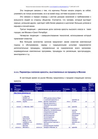 Консалтинговая компания «БизпланиКо» www.bizplan5.ru info@bizplan5.ru +7 (495) 645 18 95
Эта тенденция связана с тем, что мужчины России начали следить за собой,
ухаживать не только за волосами, но и за кожей лица, ногтями на рыках и ногах.
Это связано в первую очередь с ростом доходов населения и требованиями к
внешности людей со стороны общества. Считается, что человек, который выглядит
хорошо, успешнее других, чувствует себя более уверенно и достигает больших успехов в
карьере и личной жизни.
Третья тенденция – увеличение доли салонов красоты высокого класса в таких
городах, как Москва и Санкт-Петербург.
Четвертая тенденция – совершенствование технологий, использование который
привлекает клиентов.
Все большее количество салонов предлагают своим клиентам комплексный
подход в обслуживании, наряду с традиционными услугами предлагаются
дополнительные процедуры, направленные на оздоровление всего организма:
индивидуальные комплексные программы, процедуры по релаксации, spa-процедуры,
винотерапия и т.д.
х.х.х. Параметры салонов красоты, выставленных на продажу в Москве
В настоящее время на рынке Москвы предложены к продаже следующие салоны
красоты.
№
пп
Стоимос
ть,
долларо
в США Расположение
Прибыл
ь,
долларо
в США в
год Заявленная концепция
Площадь,
кв.м
Поме
щение
Числ.
Персо
нала
Время
работы
на
рынке,
лет
http://www.deloshop.ru/
х хххххх
г. Москва,
ЮЗАО, ул .
Воронцовские
пруды ххххх
SPA-центр класса Люкс
с салоном красоты в
фитес комплексе ххх,х
аренда на
хх мес. хх х
х хххххх г. Москва, ЗАО
Центр красоты и
здоровья высшего
уровня ххх аренда хх х
х хххххх
г.Москва,
Проспект
Мира, д. ххх
(рядом со ст.
м.ВДНХ), хххххх,х
Медицинские услуги в
области: косметология
(терапевтическая,
хирургическая),
физиотерапия,
психотерапия,
диетология,
рефлексотерапия,
медицинский массаж и
прочее.
аренда,
после
заключения
договора
купли-
продажи
салона -
аренда на х
лет хх х
х хххххх,х
Москва,
Москва и ххххх,хх
раскрученная студия
загара в Москве, м. хх аренда х
 