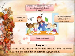 Ти не кмітливий
Ти знову, не
вивчив
Ти чим слухав на
уроці, я це тобі
пояснювала
Ставлю тобі двійку втретє…що
ти собі думаєш? Де твої
батьки???
Результат
Учень знає, що нічого доброго його в школі не чекає,
але він все таки йде до школи, йде до класу
 