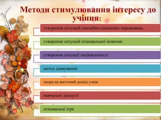 Методи стимулювання інтересу до
учіння:
створення ситуацій емоційно-ціннісних переживань
створення ситуацій пізнавальної новизни
створення ситуації зацікавленості
метод здивування
опора на життєвий досвід учнів
навчальні дискусії
пізнавальні ігри
 
