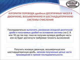 АЛГОРИТМ ПЕРЕВОДА дробных ДЕСЯТИЧНЫХ ЧИСЕЛ В
ДВОИЧНУЮ, ВОСЬМЕРИЧНУЮ И ШЕСТНАДЦАТЕРИЧНУЮ
СИСТЕМЫ СЧИСЛЕНИЯ
Получить искомую двоичную, восьмеричную или
шестнадцатеричную дробь, записав полученные целые части
произведения в прямой последовательности.
Последовательно выполнять умножение исходной десятичной
дроби и получаемых дробей на основание системы (на 2, 8
или 16) до тех пор, пока не получим нулевую дробную часть
или не будет достигнута требуемая точность вычислений.
 