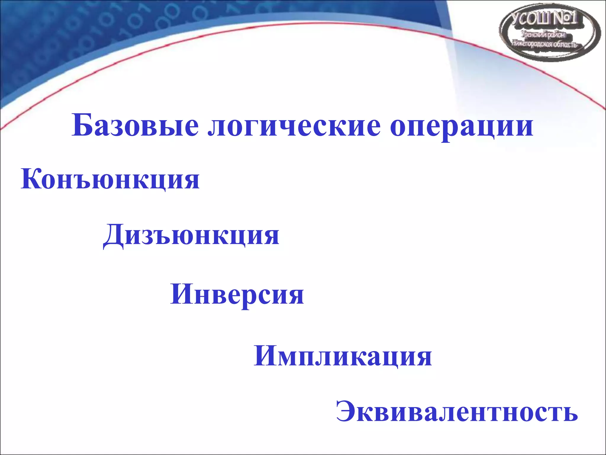 Базовые логические операции
Конъюнкция
Дизъюнкция
Инверсия
Импликация
Эквивалентность
 
