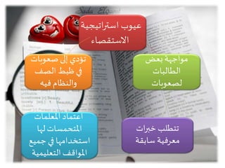 ‫بعض‬‫مواجهة‬
‫الطالبات‬
‫لصعوبات‬
‫ات‬‫ر‬‫خب‬ ‫تتطلب‬
‫سابقة‬ ‫معرفية‬
‫املعلمات‬ ‫اعتماد‬
‫لها‬‫املتحمسات‬
‫جميع‬ ‫في‬ ‫استخدامها‬
‫التعليمية‬‫املواقف‬
‫صعوبا‬ ‫إلى‬ ‫تؤدي‬‫ت‬
‫الصف‬ ‫ظبط‬ ‫في‬
‫فيه‬ ‫والنظام‬
‫اتيجية‬‫ر‬‫است‬ ‫عيوب‬
‫االستقصاء‬
20/02/143753
 