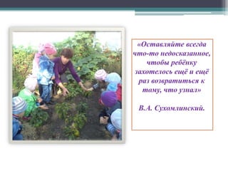 «Оставляйте всегда
что-то недосказанное,
чтобы ребёнку
захотелось ещё и ещё
раз возвратиться к
тому, что узнал»
В.А. Сухомлинский.
 